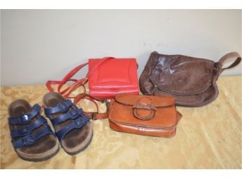 (#102) Leather Handbags (3) Birkenstock Shoes