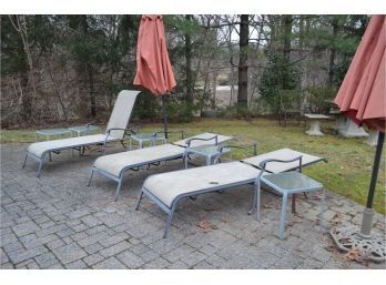 Outdoor Chaise Lounge Chairs (3), Side Table (4), Umbrella And Stand (2)