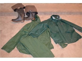(#33) Rain Gear With Pants Coleman XL, Crystal River Fishing Hunting Rubber Wader Boots, Sterns Rain Jacket