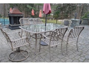 Outdoor Cast Aluminum Patio Set 6 Chairs, Umbrella And Stand