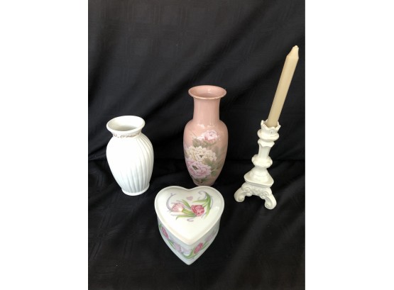 (#117) Ceramic Vases (2) , Candle Stick & Heart Box (see Details)