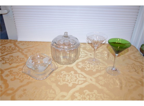 (# 88) Glass Pumpkin Cookie Jar, (2) Martini Glasses, Relish Dish