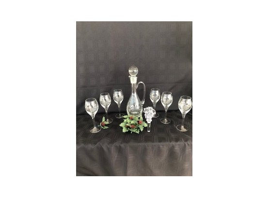 (#201) Etched Wine Glass Set With Decanter - 9 Pieces (see Details)