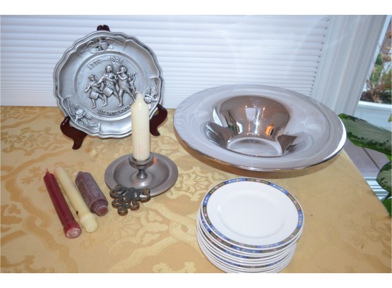 (#85) Appetizer 6' Plates By K.T.&K , Metal 14' Bowl , Pewter Candle Holder And Candles