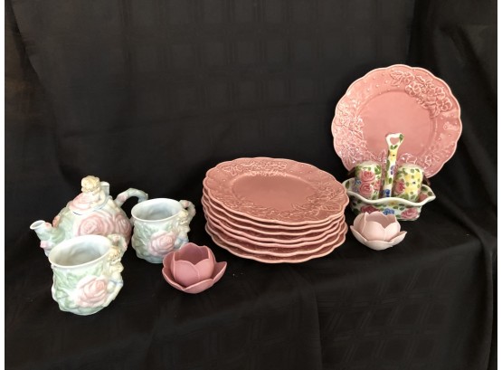 (#111) Boroallo Pinheiro Pink Plates, Avon Angel Tea Pot With Cups,  S&P Shakers  Flower Candle Holders