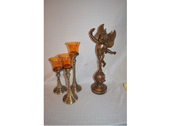 (#20) Brass Angel Statue 18'H, Candle Sticks (3) 13'H