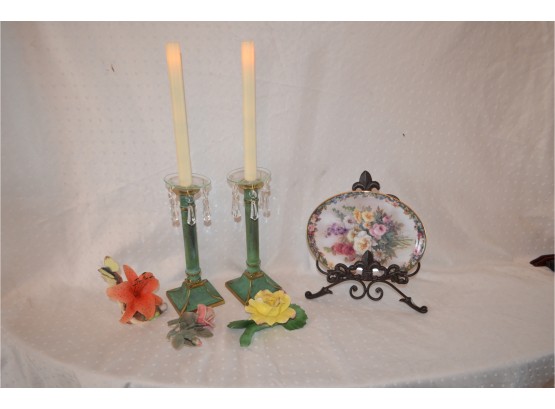 (#7) Metal Green Candle Sticks  Boehm Lily With Butterfly Porcelain