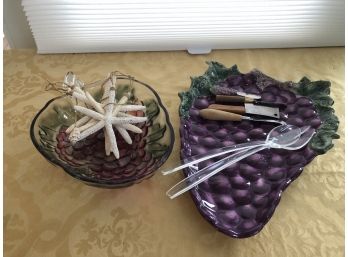 (#119)- Ceramic Grape Platter &  Glass Grape Bowl  With Serving Pieces With Decorative Star Fish
