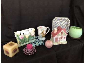 (#110) Assort. Of:  Ceramic Mail Holder, Lg. Cup, Little House, Bird Egg Planter, Decorative Plate &