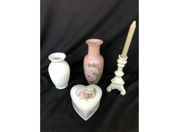 (#117) Ceramic Vases (2) , Candle Stick & Heart Box (see Details)