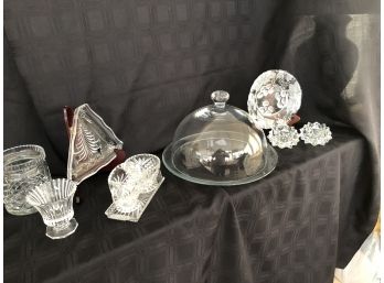 (#108) Glassware:  Cake Plate, Creamer,sugar, (2 )decorative Plates,jar , Candle Holders