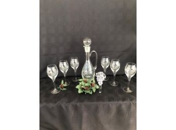 (#201) Etched Wine Glass Set With Decanter - 9 Pieces (see Details)