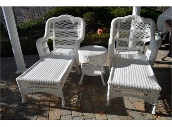 White Wicker Resin (2) Chaise Lounge With Cushions And Hampton Bay Side Table