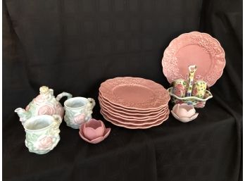 (#111) Boroallo Pinheiro Pink Plates, Avon Angel Tea Pot With Cups,  S&P Shakers  Flower Candle Holders