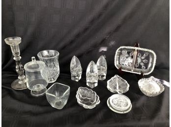 (#116) Glassware Assortment:  Candlesticks ,coasters, Jar, Relish Dishes
