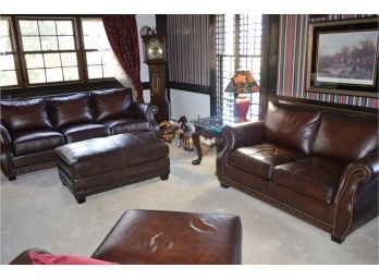 3 Piece Set Bernhardt Leather Sofa And Love-Seat (1) Coffee Table Ottoman (see Details)
