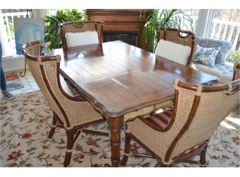Kitchen Dining Table 2 End Drawers And 4 Wicker Wing Chairs (see Details)