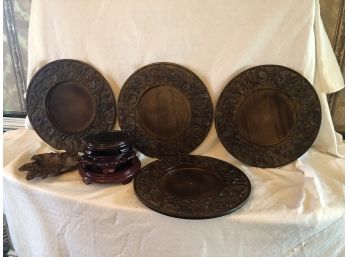 (#103) Wood Chargers(4)  & Display Stands(3) & Metal Leaf Dish (see Details)