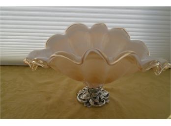 (#53) Decorative Shell Glass Pedestal Bowl Cream Color White Inside