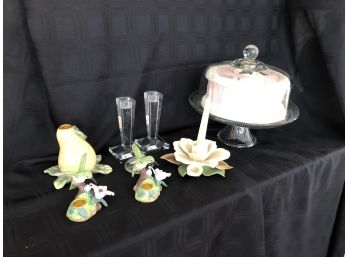 (#109) Covered Cake Plate, 2- Crystal Candle Sticks,  4- Porcelain Candle Sticks  With Faux Cake