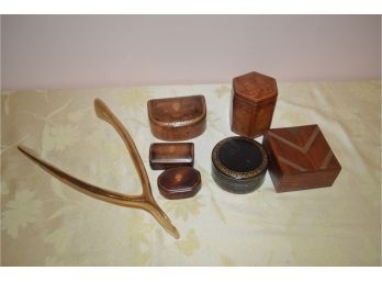 Six (6) Leather Trinket Boxes Italy, Large Brass Wish Bone 13' (see Details)