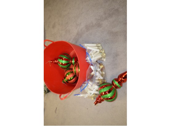 (#339) Oversized Ornament, Plastic Storage Bin, Window Electric Candle Sticks