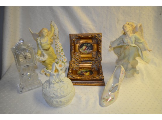 (#317) Floral Angel Statue Unite Design, Crystal Legend By Godinger Quart Clock,  (2) Gold Framed Pictures