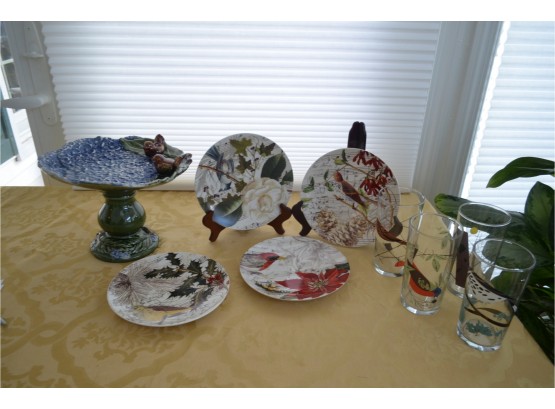 (#58) Ceramic Pedestal Bird, Pottery Barn Christmas Plate (4), Bird Pattern Tumbler Glasses (4)