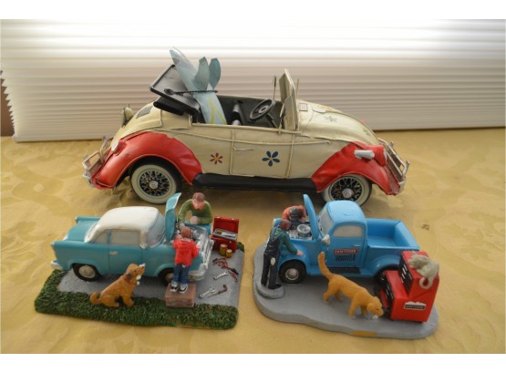 (#153)  (2) Resin R Decorative Cars  & (1) Tin Volkswagen Decorative Car 13'(L)