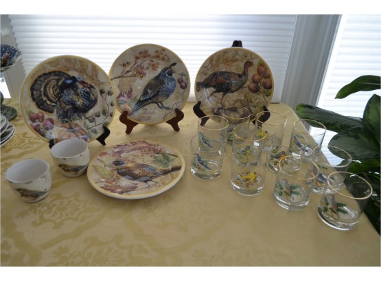 (#57) Pottery Barn Plates(4), Bird Pattern On Glasses (11)