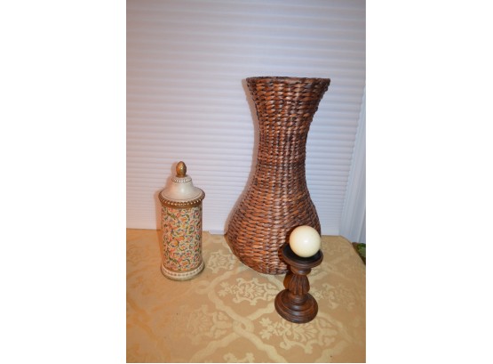 (#69) Wicker Floor Vase 22'H, Ceramic Jar 14'H, Candle Holder