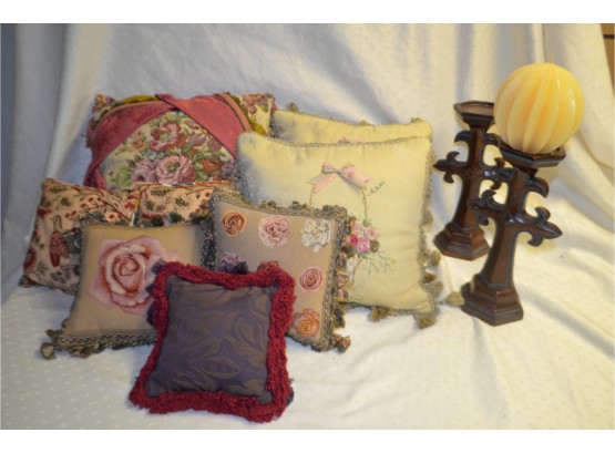 (#304) Assortment Of Pillows, Candle Stick Holders