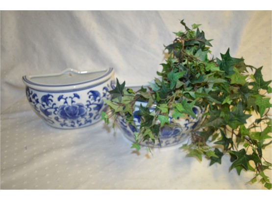 (#181) Asian Blue-Ware Wall Planters With Faux Ivy