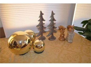(#156) Gold Light Up Balls(3), Resin Pine Trees (2) 14' (t) , Angel Decor