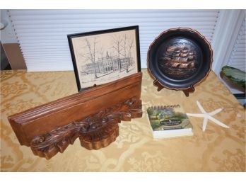 (#172) Wood Wall Shelf, Decorative Plate, Black And White Picture
