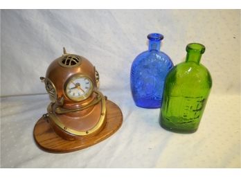 (#183) Copper Divider Clock, Color Glass Bottles (2)