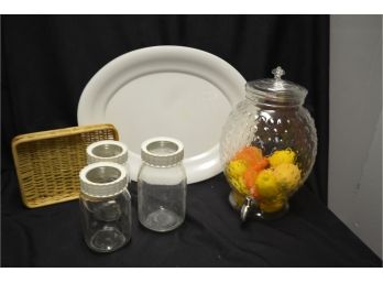 (#320) Plastic Lemonade Jug, 3 Glass Jars  Canisters