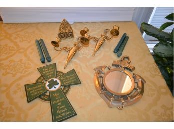 (#157) Brass Wall Candle Sconces (2), Brass Porthole Nautical  Mirror, Irish Wood Cross