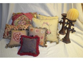 (#304) Assortment Of Pillows, Candle Stick Holders