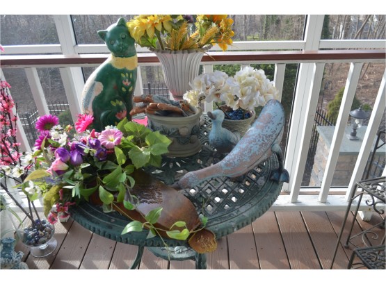 Table And Assortment Of Garden Decor, Ceramic Cat, Planter, Faux Flowers