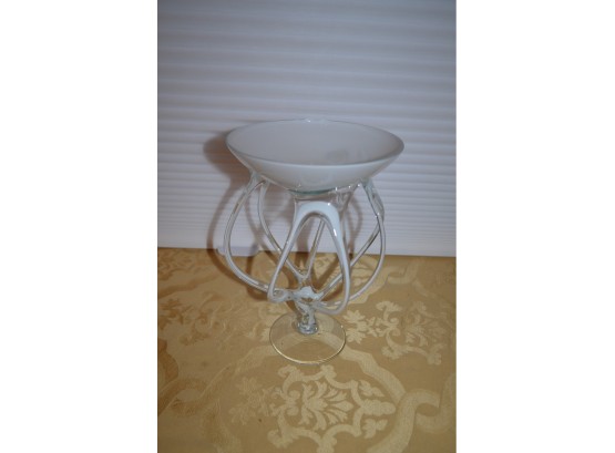 (#130 )- Hand Blown Decorative Glass Pedestal Shallow Bowl Art Piece