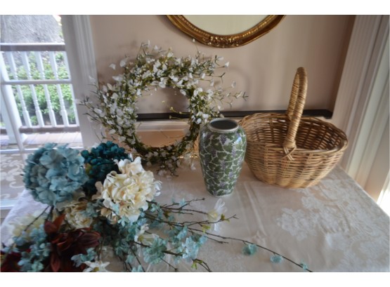 (#383) Ceramic Vase, Wicker Basket, Floral Arrangements