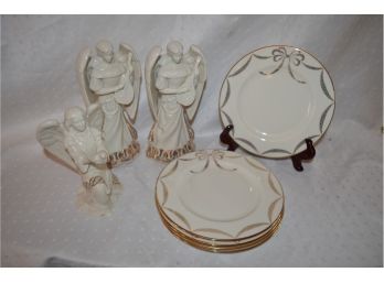 (#24) Lenox Figurine China Jewels Angel Of Harmony (2), Lenox Figurine Angel Of Peace, (5) Lenox Cake Plates