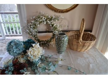 (#383) Ceramic Vase, Wicker Basket, Floral Arrangements