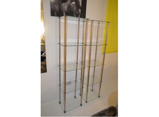 Pair Of Chrome And Glass 5 Shelves Tower