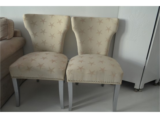 2 Accent / Dining Side Beige Chairs Nailhead Trim Legs Painted Silver