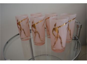 Mid Century Federal Harlequinn Dancers Highball Glasses Pink And Gold