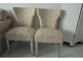 2 Accent / Dining Side Beige Chairs Nailhead Trim Legs Painted Silver