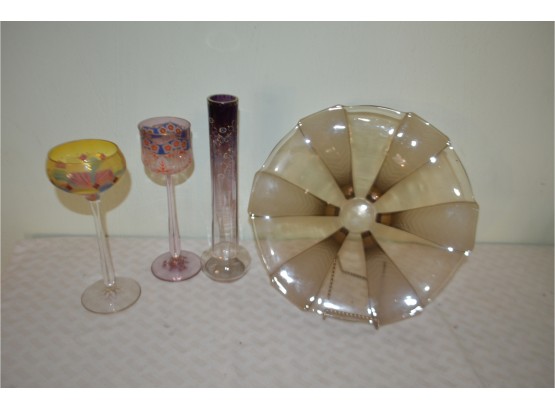 (#76) Smoke Glass Bowl, Tall Vase, Hand-painted Glass