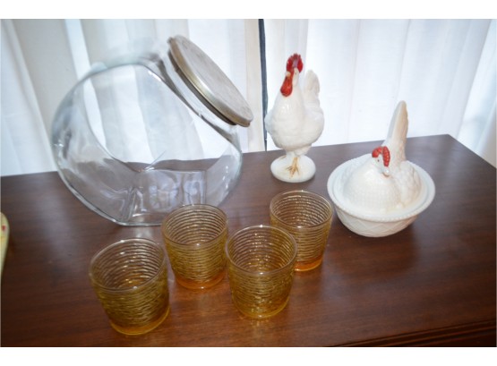 (#94) Milk Glass Covered Rooster (2) , Large Candy Jar, Amber Glasses (4)